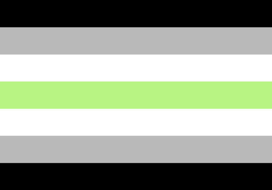 Image of the Agender Pride Flag with black and white stripes representing the absence of gender; the green stripe, the inverse of the gender-heavy purple, represents nonbinary genders.