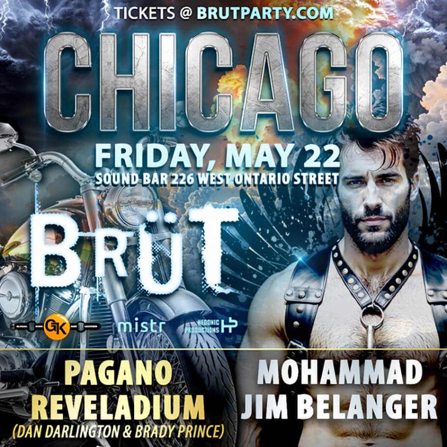 This is a promotional flyer for a nightclub event called Brüt taking place in Chicago on Friday, May 22, at Sound Bar, 226 West Ontario Street, with tickets available at brutparty