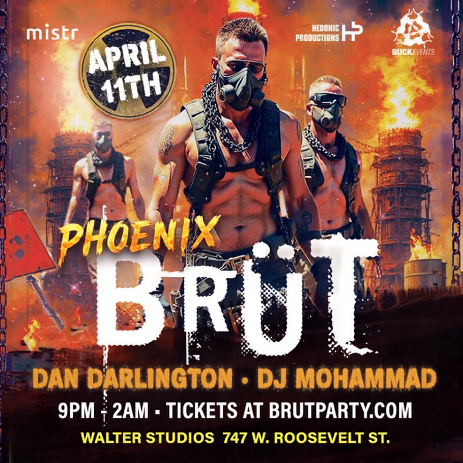 The image is a dramatic, high-energy event poster with a fiery, post-apocalyptic theme. In the center foreground, three muscular men walk forward wearing black harness gear and gas masks, giving a gritty, industrial vibe