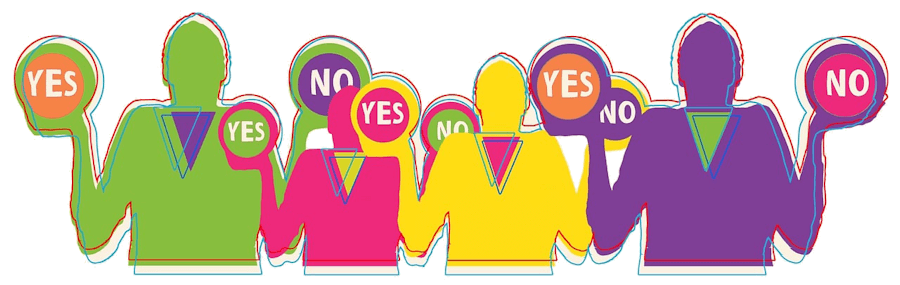 Colored silhouettes of people holding balls with yes and no symbols.