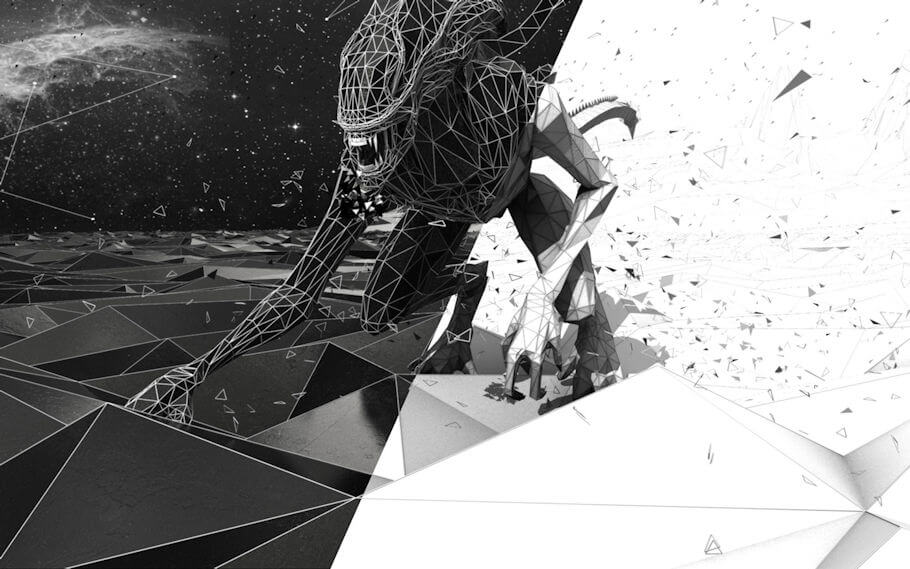 This digital artwork shows the full body of the xenomorph crouched low and moving toward the viewer. Its long skull is tilted down, its toothed mouth is open, and one long arm reaches forward with clawed fingers spread on the ground.