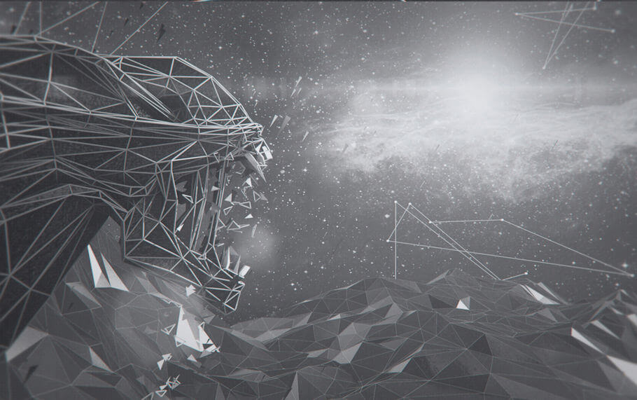 This black-and-white digital artwork shows the head of the xenomorph from Alien in profile on the left side of the frame, facing right. The head is built from a low-polygon wireframe of white lines and gray triangular faces. 