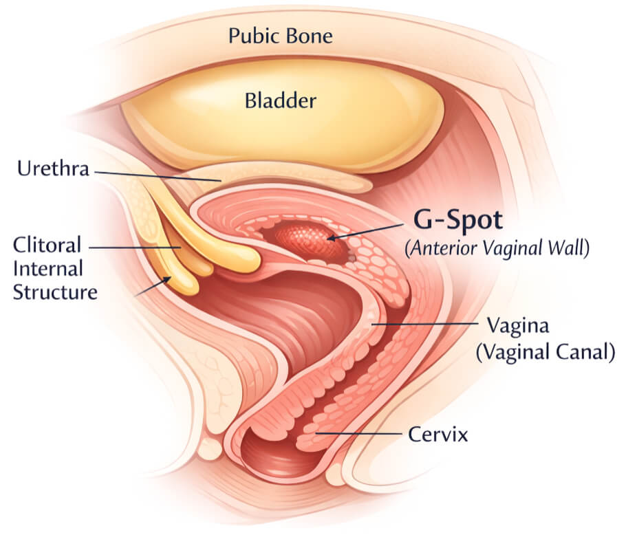 This image is a clean medical cross-sectional illustration of the female pelvic anatomy highlighting the location of the G-spot, which is shown on the anterior (front) wall of the vaginal canal a few centimeters inside the vagina; surrounding structures are clearly labeled.