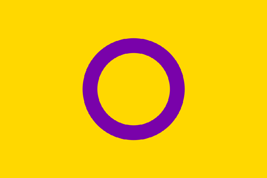 Image of the Intersex flag that uses hermaphrodite colors, non-derivative of gendered pink and blue with the purple circle symbolizing wholeness.