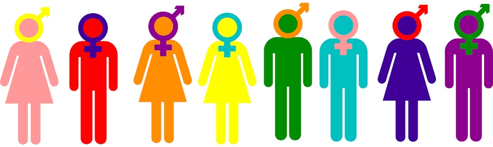 Colored silhouette figures of people with various gender symbols overlaying their heads.