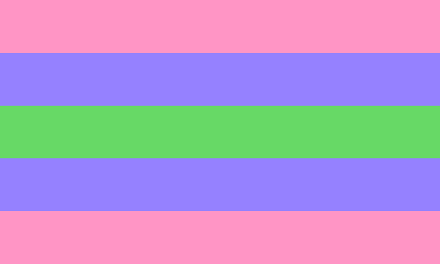 The image of the trigender flag features five horizontal stripes; a pink stripe, blue stripe, green stripe, blue stripe, and pink stripe.