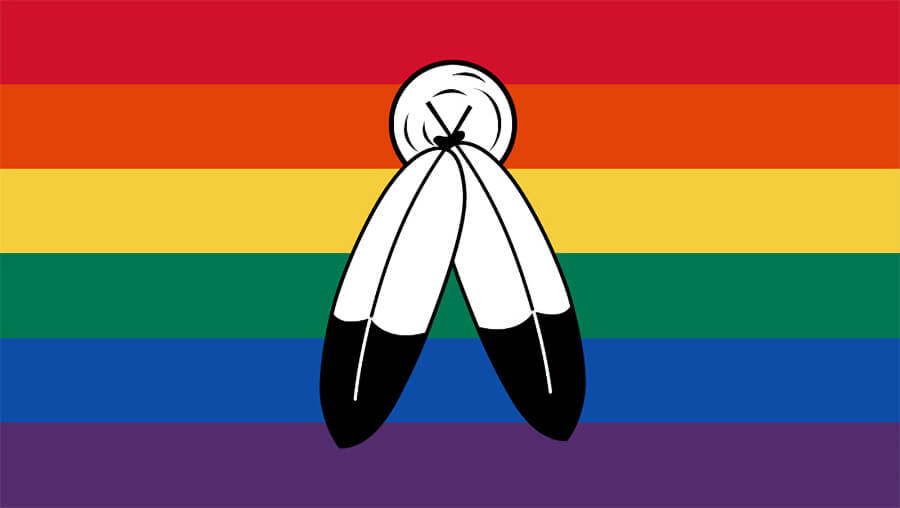 The Two-Spirit flag has eight primary colors: red, orange, yellow, green, blue, purple, black, and white, and uses two feathers to represent masculine and feminine identities. The circle symbolizes the unification of masculine and feminine identities into a separate gender.